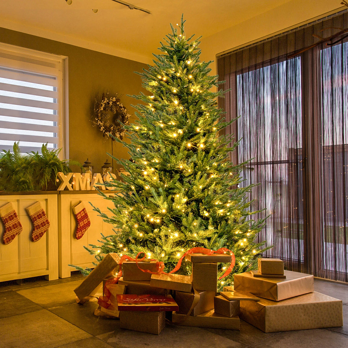 6/ 7 FT Pre-Lit Artificial Christmas Tree, Foldable Metal Stand, Xmas Holiday Party Decor for Office, Home