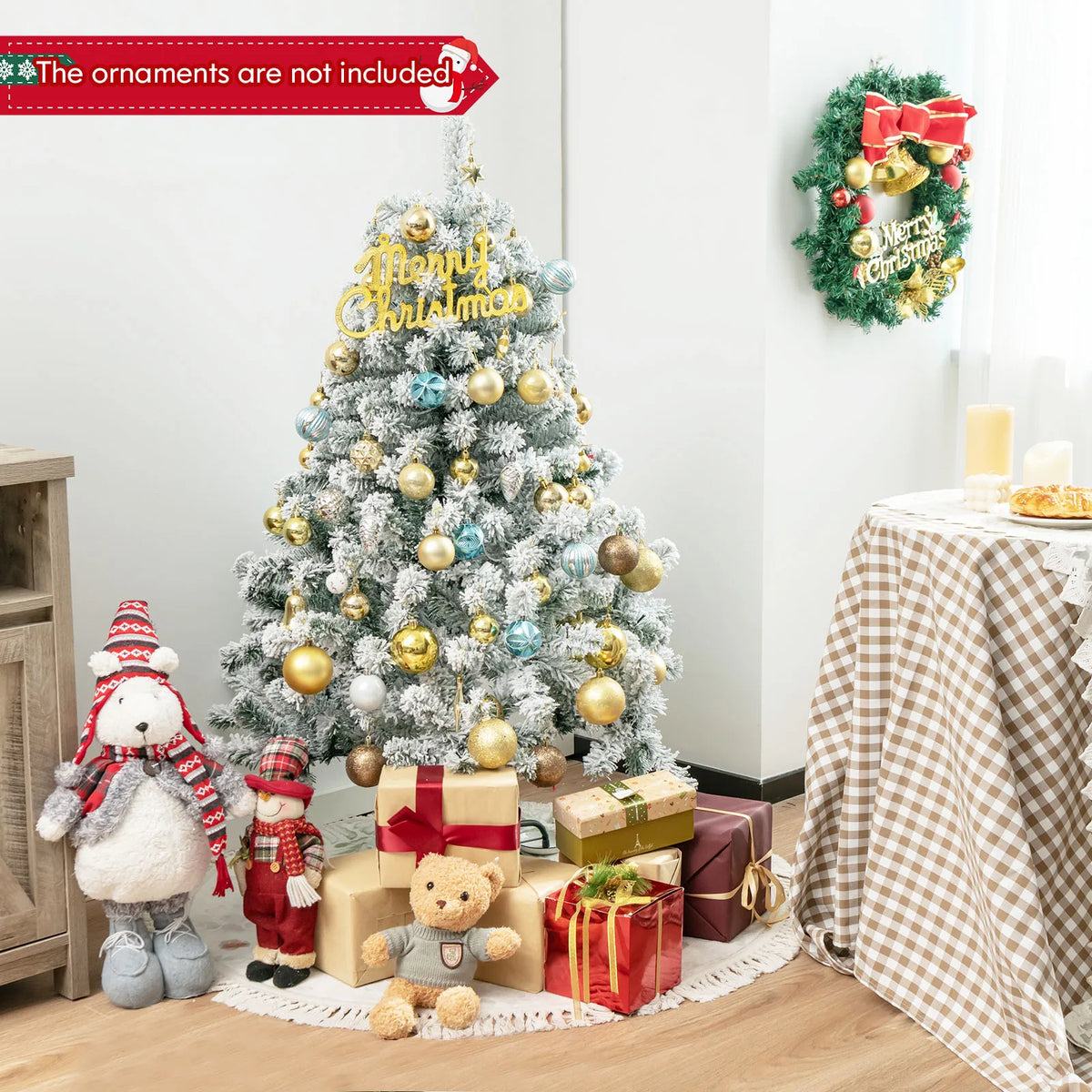 4. 5 FT Snow Flocked Christmas Tree, w/ Metal Stand for Festival & Party Decoration