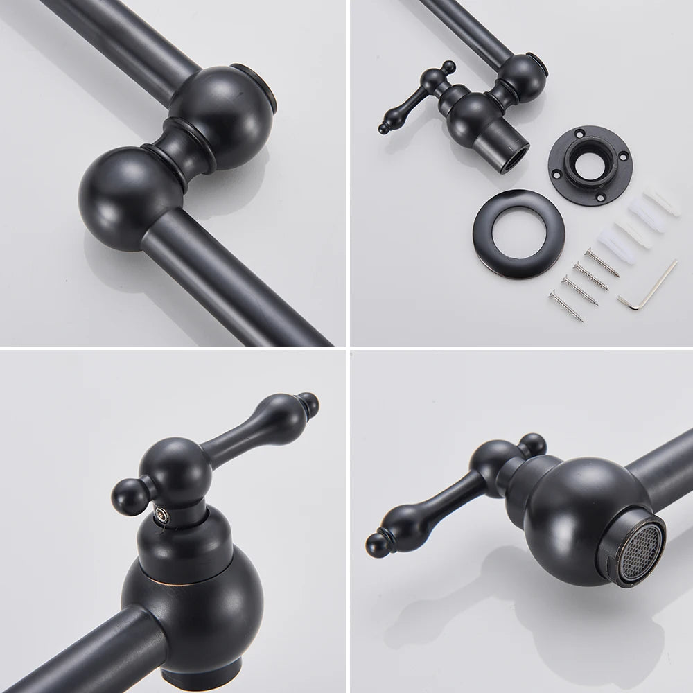 Chrome Black Wall Mounted Faucet Single Cold Water Tap 360 Rotating Spout Washing Faucet Folding Neck Bathroom Kitchen Tap