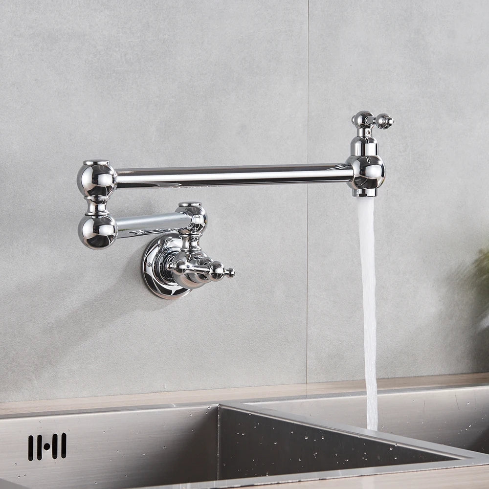 Chrome Black Wall Mounted Faucet Single Cold Water Tap 360 Rotating Spout Washing Faucet Folding Neck Bathroom Kitchen Tap