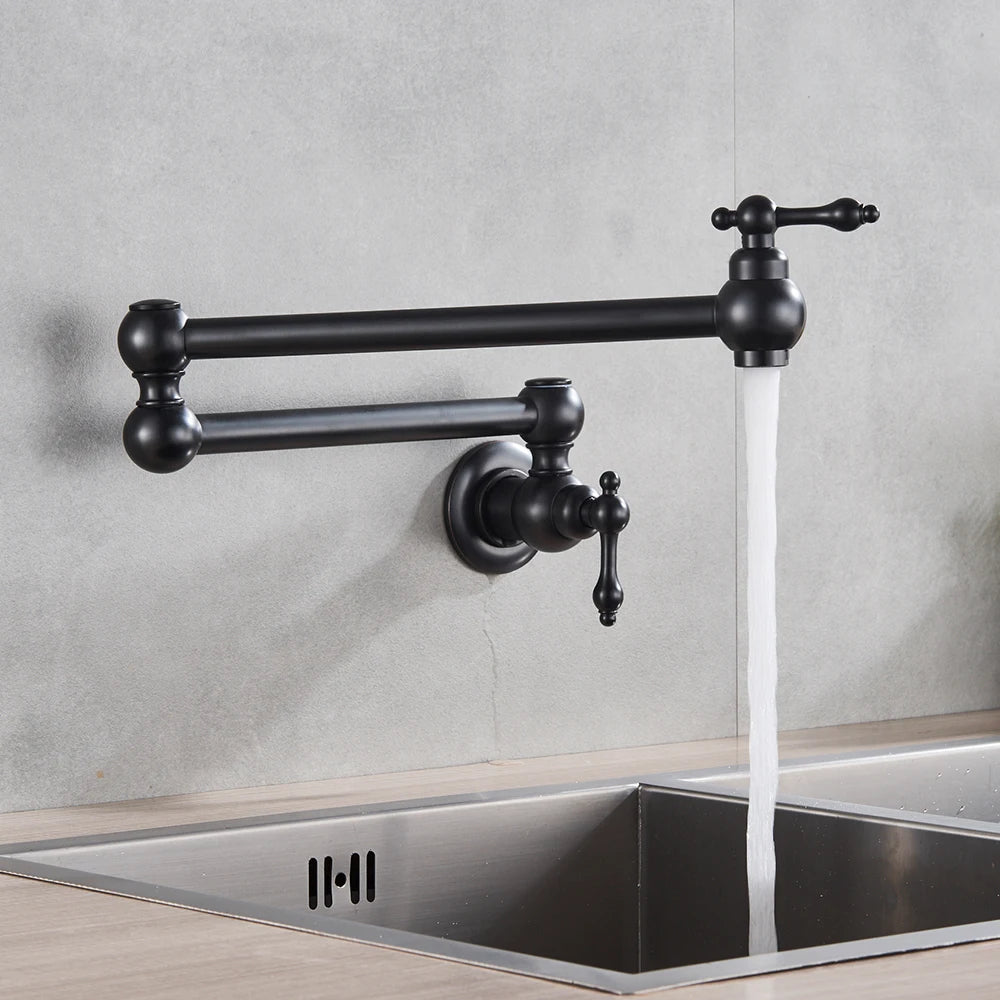 Chrome Black Wall Mounted Faucet Single Cold Water Tap 360 Rotating Spout Washing Faucet Folding Neck Bathroom Kitchen Tap