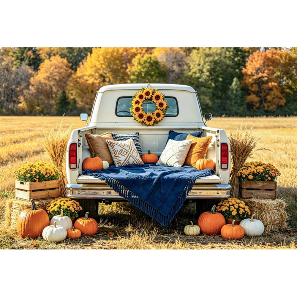 Autumn Truck Photography Background Fall Scenery Maple Leaves Pumpkin Adult Children Thanksgiving Day Party Decor Photo Backdrop