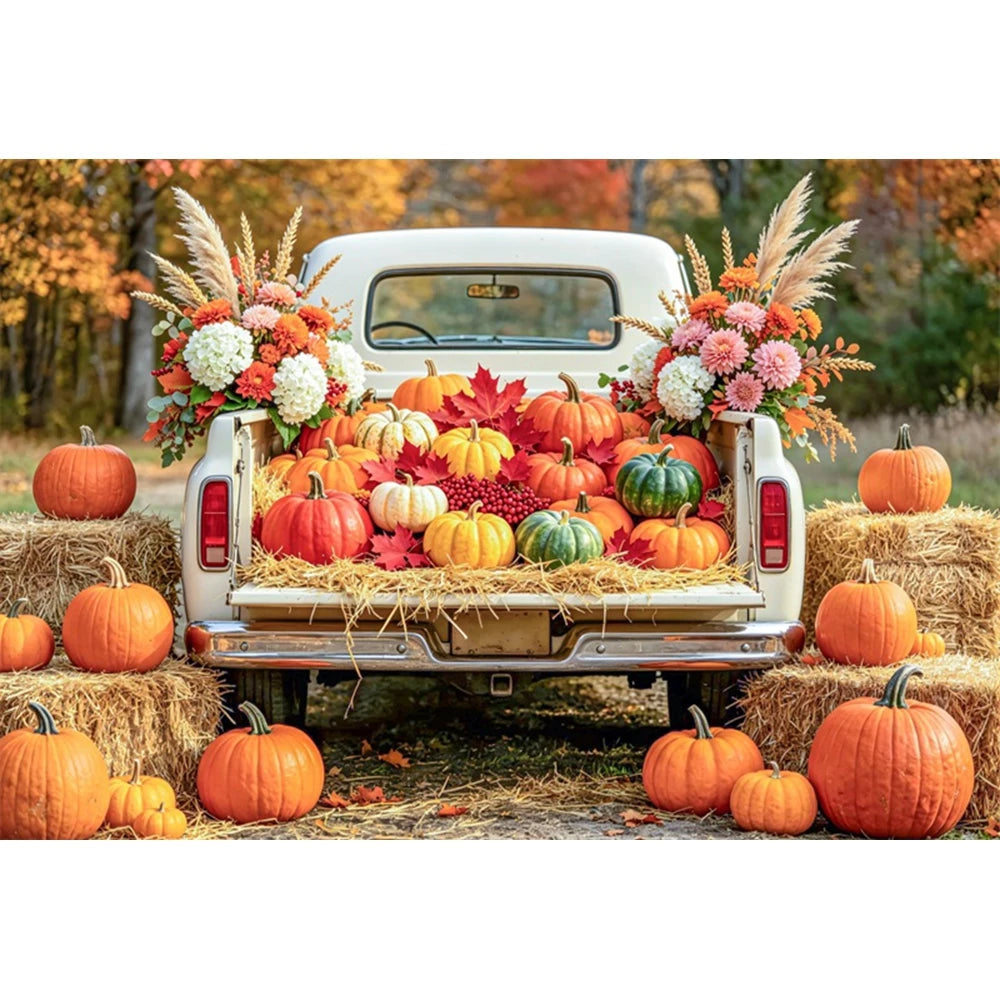 Autumn Truck Photography Background Fall Scenery Maple Leaves Pumpkin Adult Children Thanksgiving Day Party Decor Photo Backdrop
