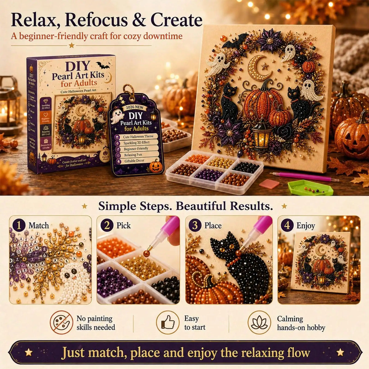 2026 New Halloween Ghost Pearl Art DIY Kit, Spooky Cute 3D Diamond Painting Crafts For Adults, DIY Fall Home Decor Wall Art