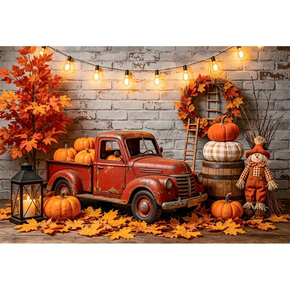 Autumn Truck Photography Background Fall Scenery Maple Leaves Pumpkin Adult Children Thanksgiving Day Party Decor Photo Backdrop