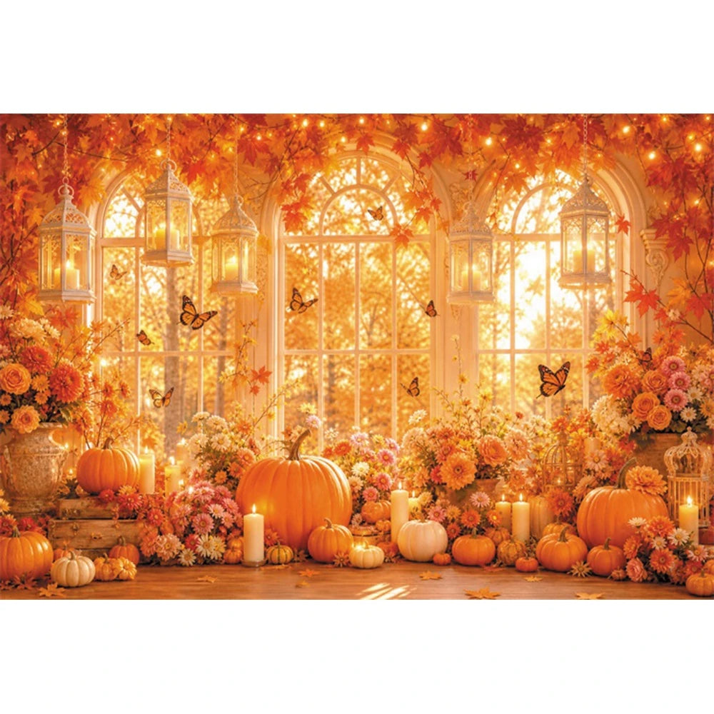 Autumn Scenery Photography Background Yellow Maple Leaves Pumpkin Large Banner Fall Harvest Thanksgiving Party Decor Backdrop