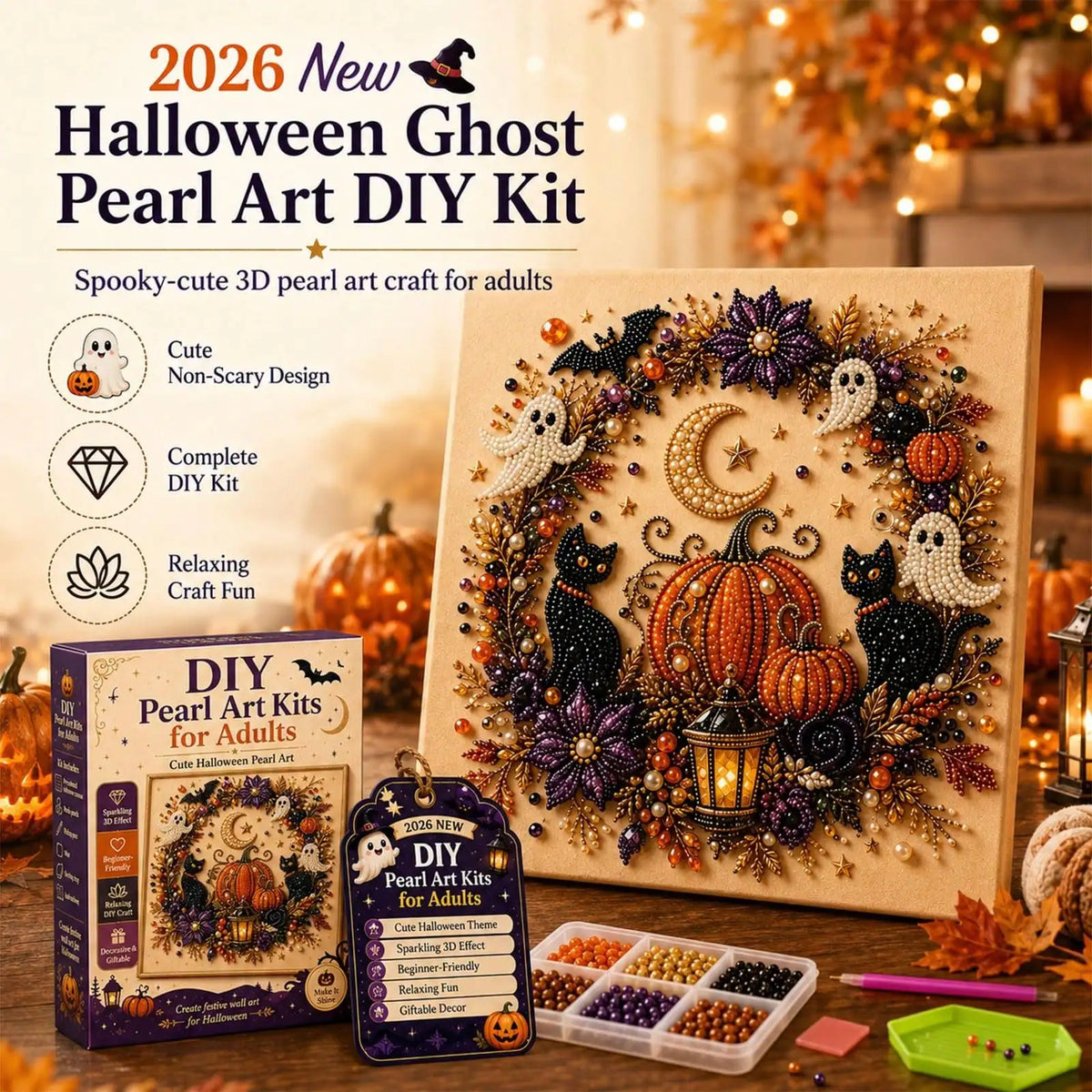 2026 New Halloween Ghost Pearl Art DIY Kit, Spooky Cute 3D Diamond Painting Crafts For Adults, DIY Fall Home Decor Wall Art