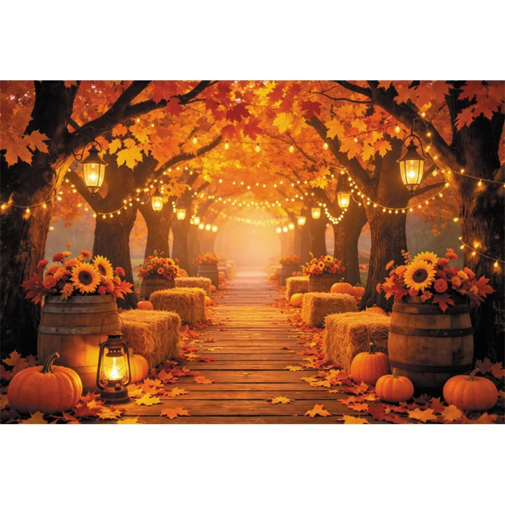 Autumn Scenery Photography Background Yellow Maple Leaves Pumpkin Large Banner Fall Harvest Thanksgiving Party Decor Backdrop
