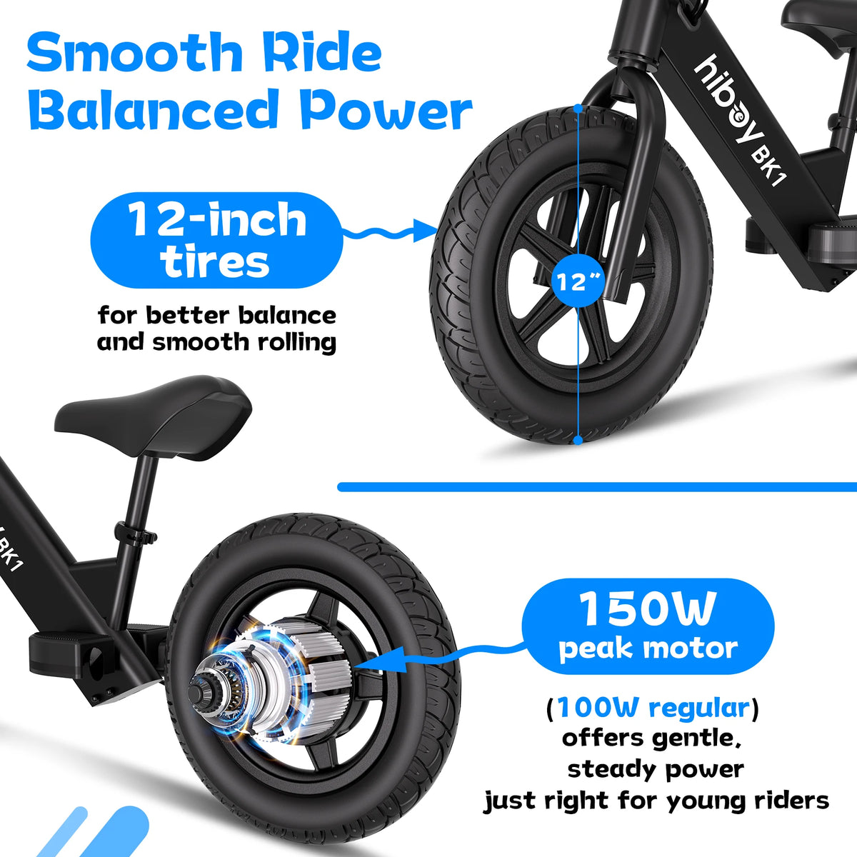 Hiboy BK1 Kids Electric Balance Bike 12 Inch Tire, 5.6/9mph Speed, Adjustable Seat, 4.9 Miles Range for Ages 3-5