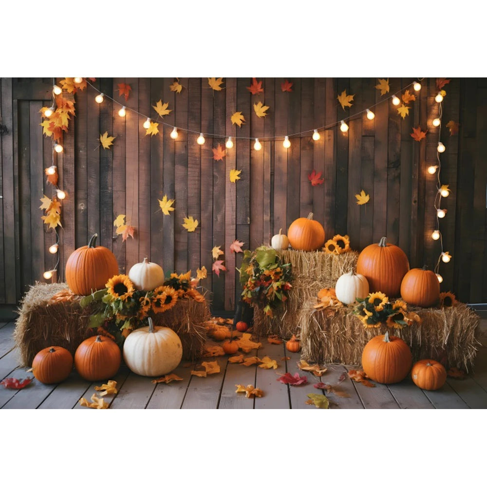 Autumn Photography Backdrop Grey Wooden Board Shining Pumpkin Sunflower 2026 Fall Thanksgiving Party Decoration Photo Background
