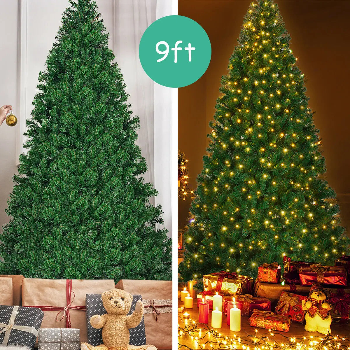 9 FT Tall Pre-Lit Artificial Christmas Tree, Foldable Metal Stand, Home Office Party Decoration, Green