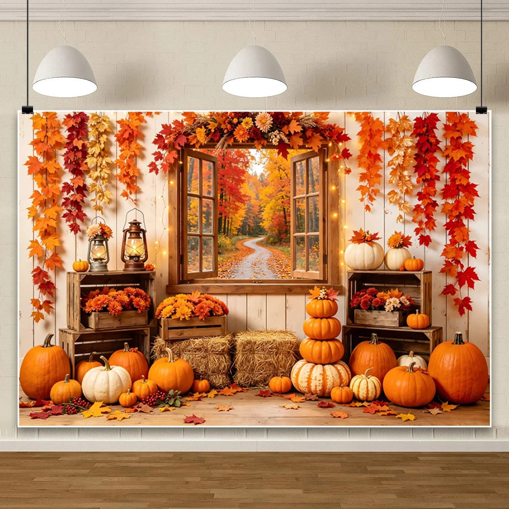Autumn Scenery Photography Background Yellow Maple Leaves Pumpkin Large Banner Fall Harvest Thanksgiving Party Decor Backdrop