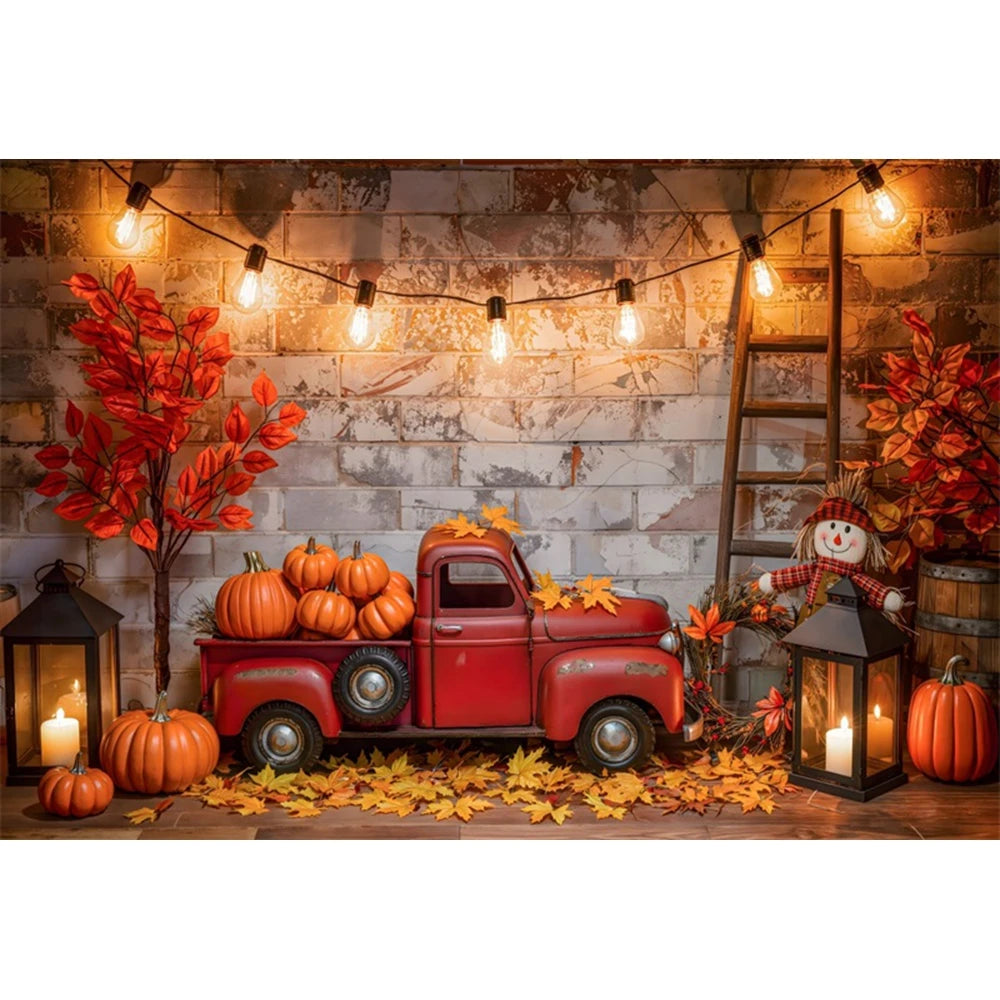 Autumn Truck Photography Background Fall Scenery Maple Leaves Pumpkin Adult Children Thanksgiving Day Party Decor Photo Backdrop