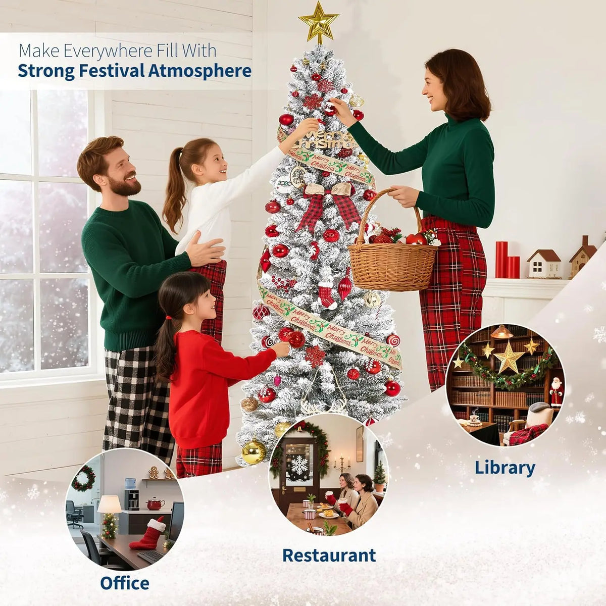 6/7.5/9Ft Flocked Pencil Christmas Tree with Lights, Slim Prelit Artificial Christmas Tree with Snowy Branch Tips, Metal Stand,