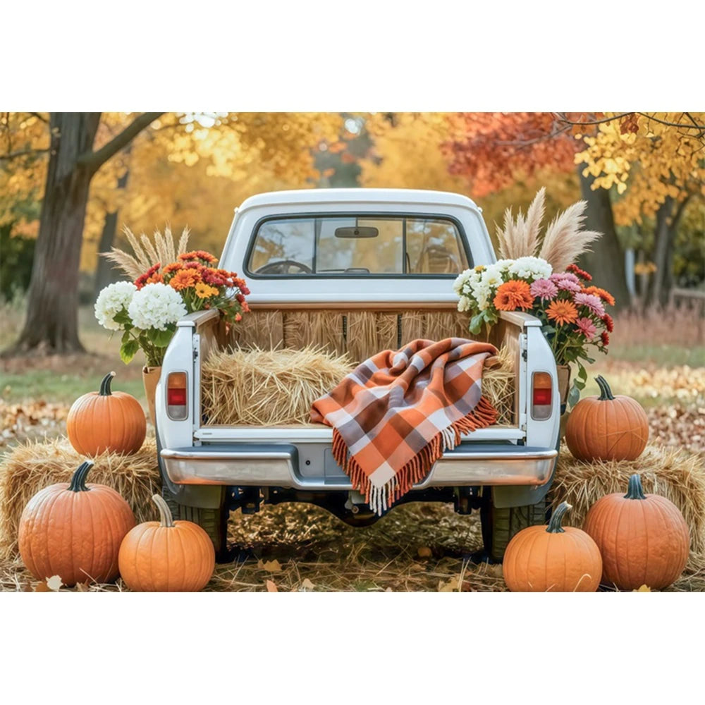 Autumn Truck Photography Background Fall Scenery Maple Leaves Pumpkin Adult Children Thanksgiving Day Party Decor Photo Backdrop