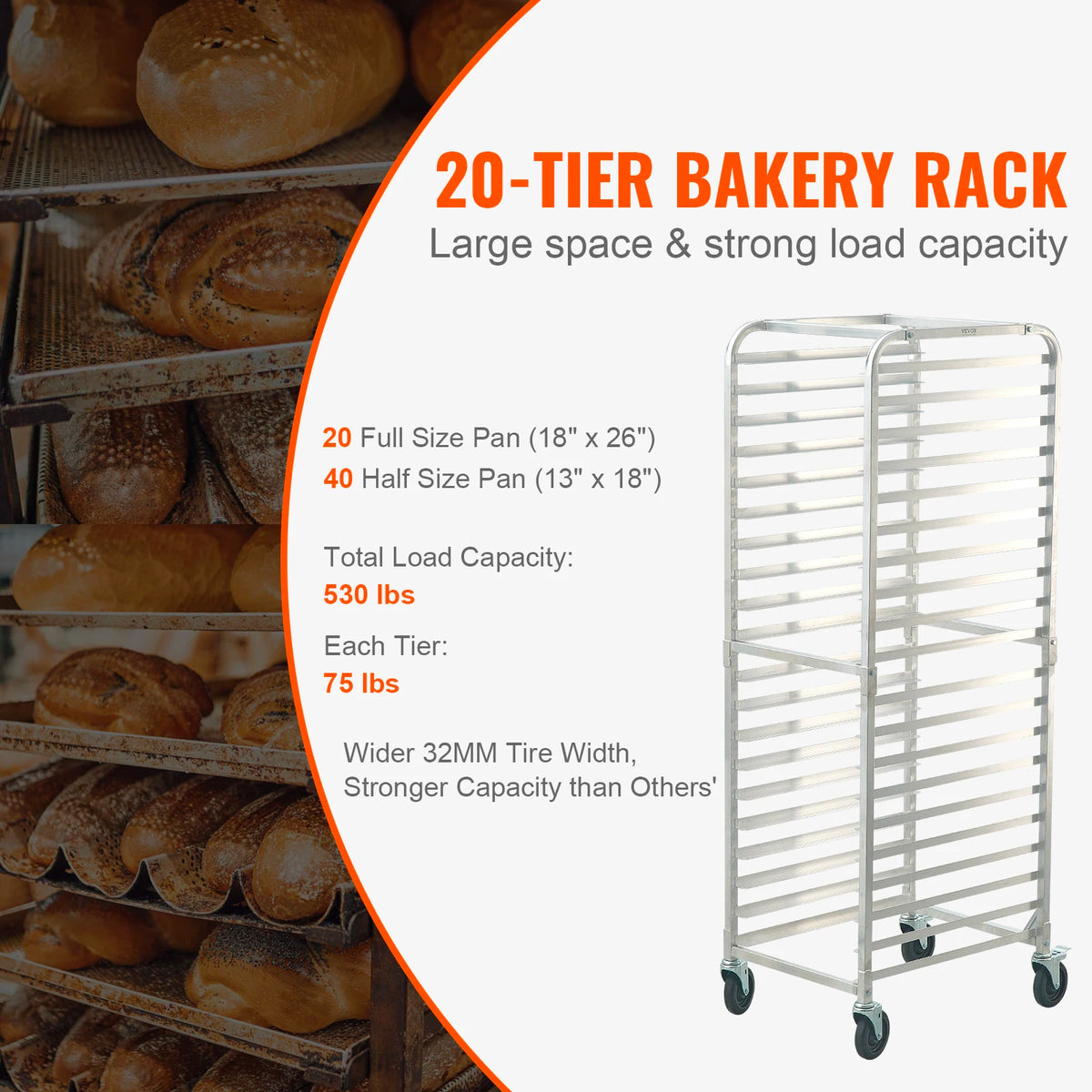 SucceBuy 10/20 Sheet Bun Pan Rack Commercial Bakery Racks with Brake Wheels Aluminum Racking Trolley Storage for Bread Baking