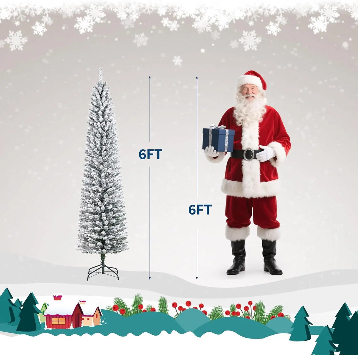 6/7.5/9Ft Flocked Pencil Christmas Tree with Lights, Slim Prelit Artificial Christmas Tree with Snowy Branch Tips, Metal Stand,
