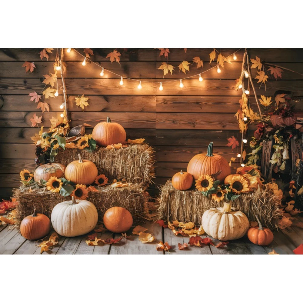 Autumn Photography Backdrop Grey Wooden Board Shining Pumpkin Sunflower 2026 Fall Thanksgiving Party Decoration Photo Background