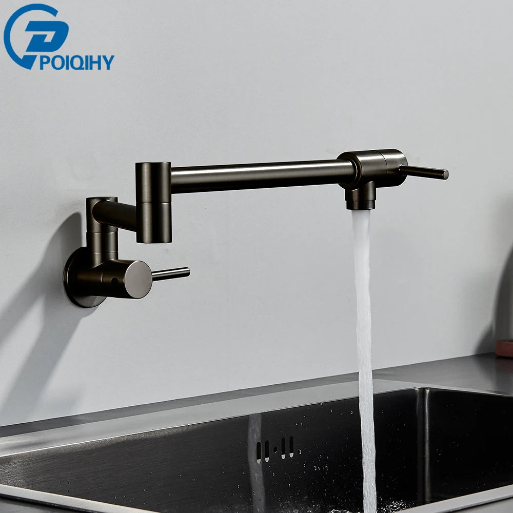 Chrome Black Wall Mounted Faucet Single Cold Water Tap 360 Rotating Spout Washing Faucet Folding Neck Bathroom Kitchen Tap
