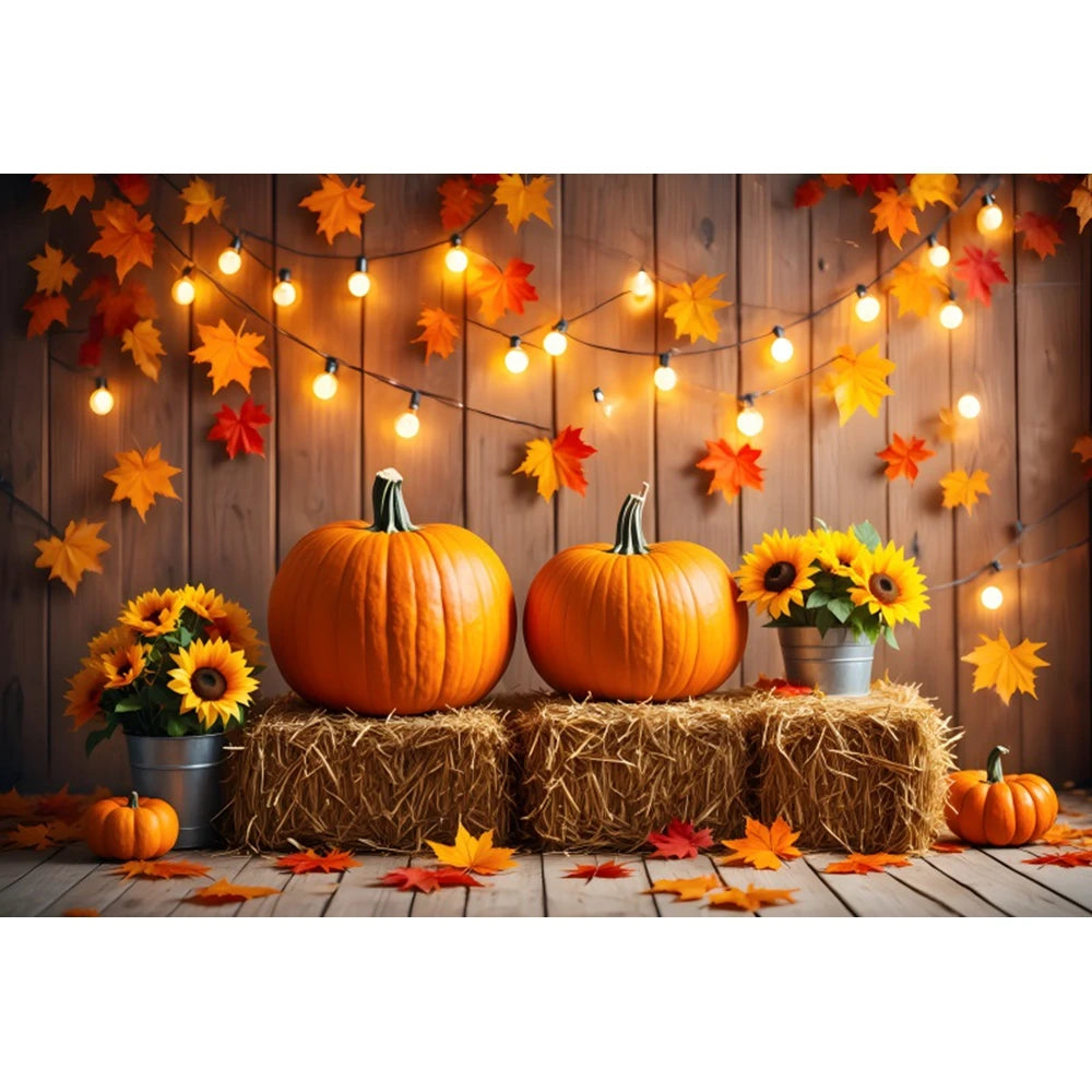 Autumn Photography Backdrop Grey Wooden Board Shining Pumpkin Sunflower 2026 Fall Thanksgiving Party Decoration Photo Background