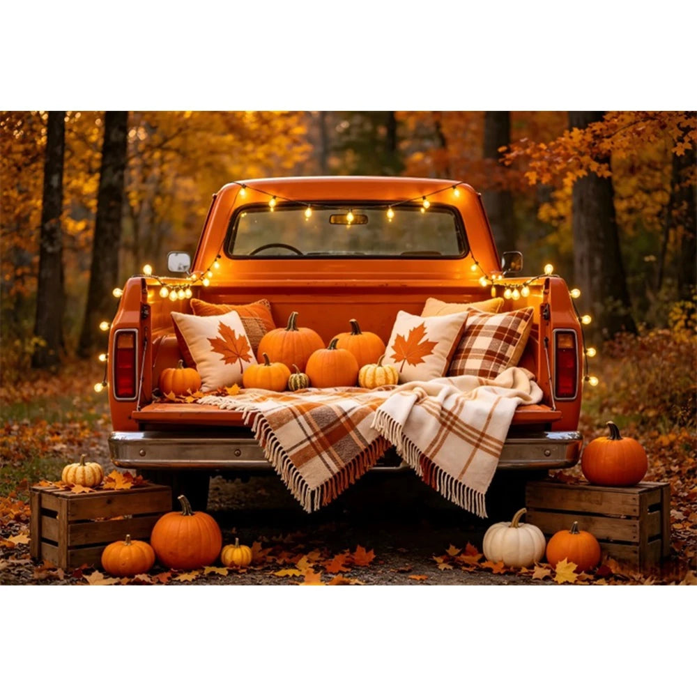 Autumn Scenery Photography Background Yellow Maple Leaves Pumpkin Large Banner Fall Harvest Thanksgiving Party Decor Backdrop