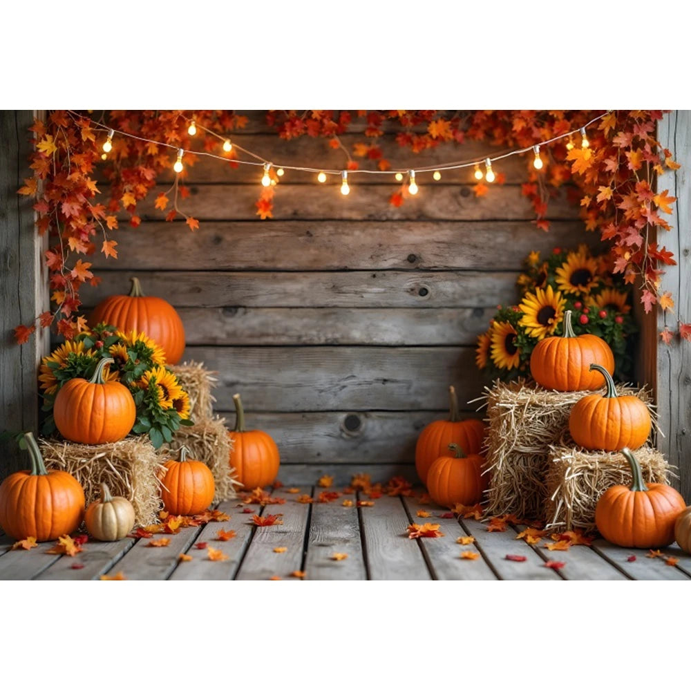Autumn Photography Backdrop Grey Wooden Board Shining Pumpkin Sunflower 2026 Fall Thanksgiving Party Decoration Photo Background