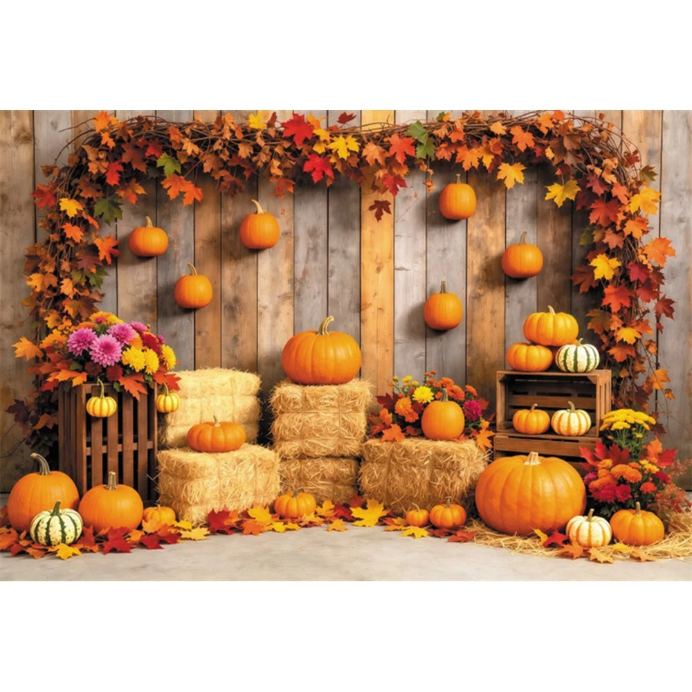 Autumn Scenery Photography Background Yellow Maple Leaves Pumpkin Large Banner Fall Harvest Thanksgiving Party Decor Backdrop