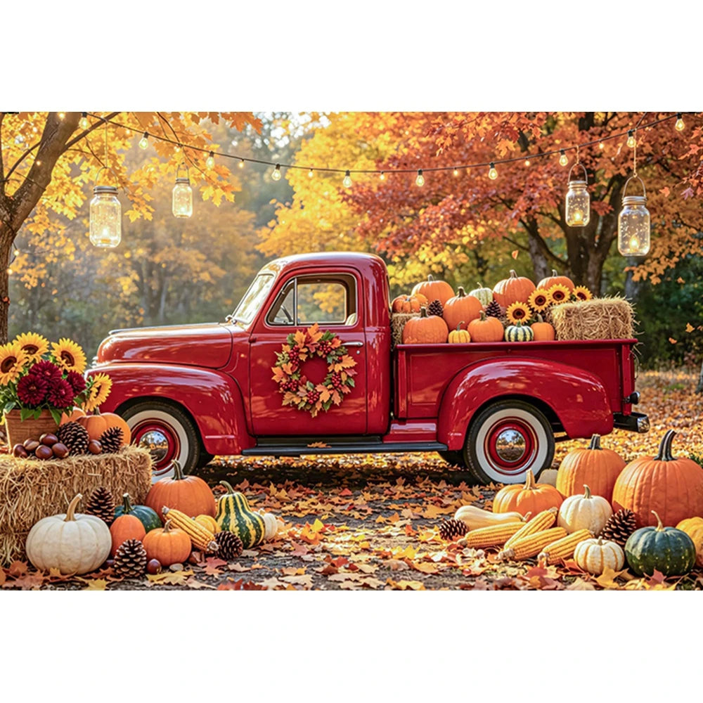 Autumn Truck Photography Background Fall Scenery Maple Leaves Pumpkin Adult Children Thanksgiving Day Party Decor Photo Backdrop