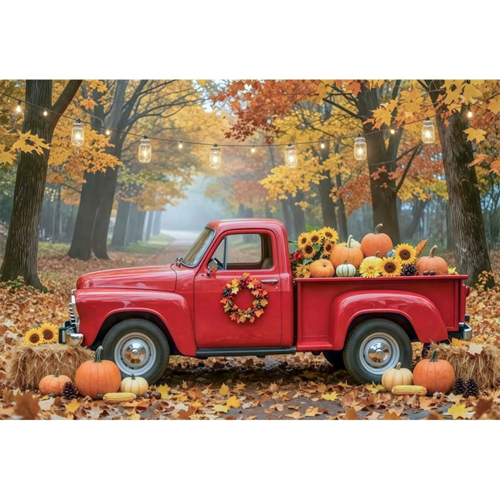 Autumn Truck Photography Background Fall Scenery Maple Leaves Pumpkin Adult Children Thanksgiving Day Party Decor Photo Backdrop