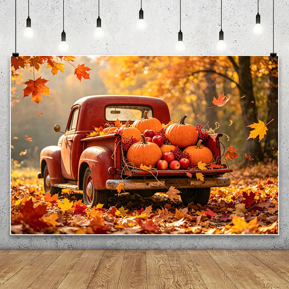 Autumn Truck Photography Background Fall Scenery Maple Leaves Pumpkin Adult Children Thanksgiving Day Party Decor Photo Backdrop