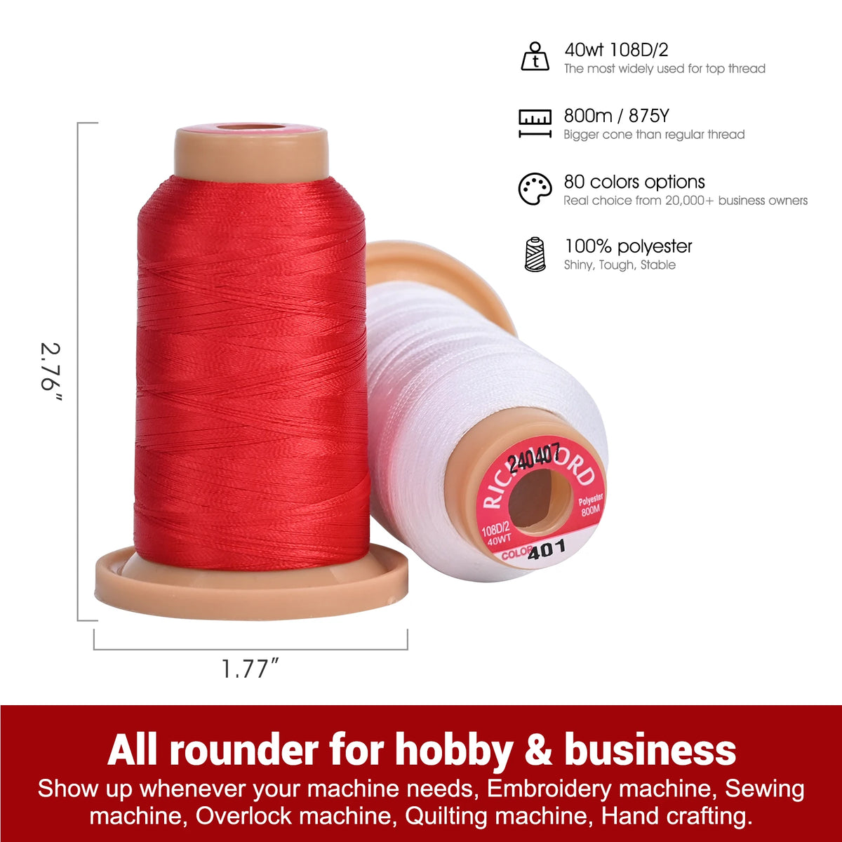 RICHWORD 40Pcs Colors Embroidery Threads 800M (875Y) Polyester Thread Kit Each Spool for Embroidery Machines & Sewing Machines