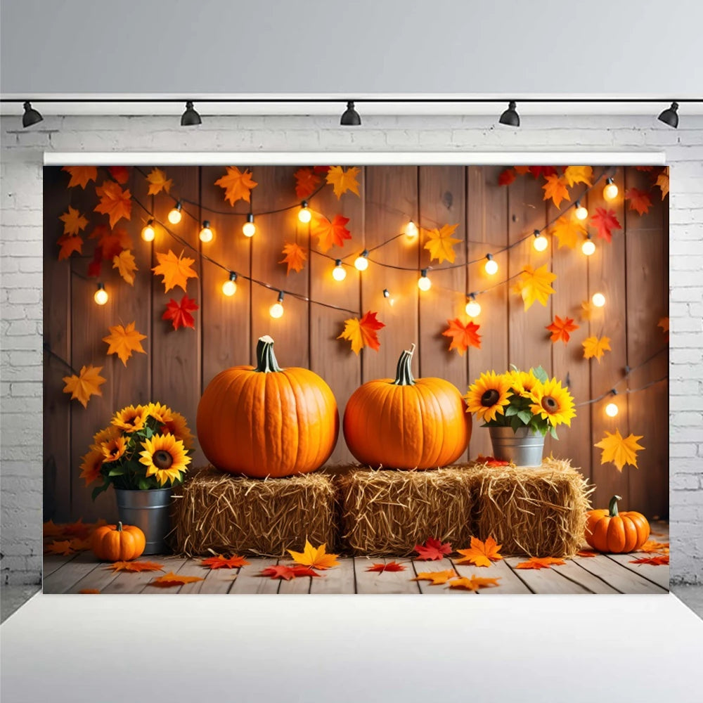 Autumn Photography Backdrop Grey Wooden Board Shining Pumpkin Sunflower 2026 Fall Thanksgiving Party Decoration Photo Background