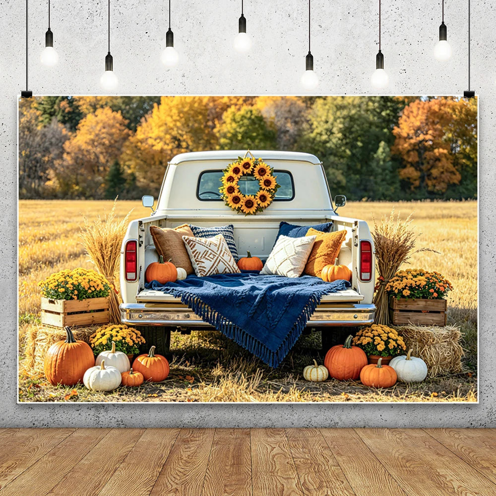 Autumn Truck Photography Background Fall Scenery Maple Leaves Pumpkin Adult Children Thanksgiving Day Party Decor Photo Backdrop