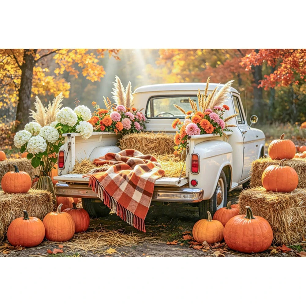 Autumn Truck Photography Background Fall Scenery Maple Leaves Pumpkin Adult Children Thanksgiving Day Party Decor Photo Backdrop