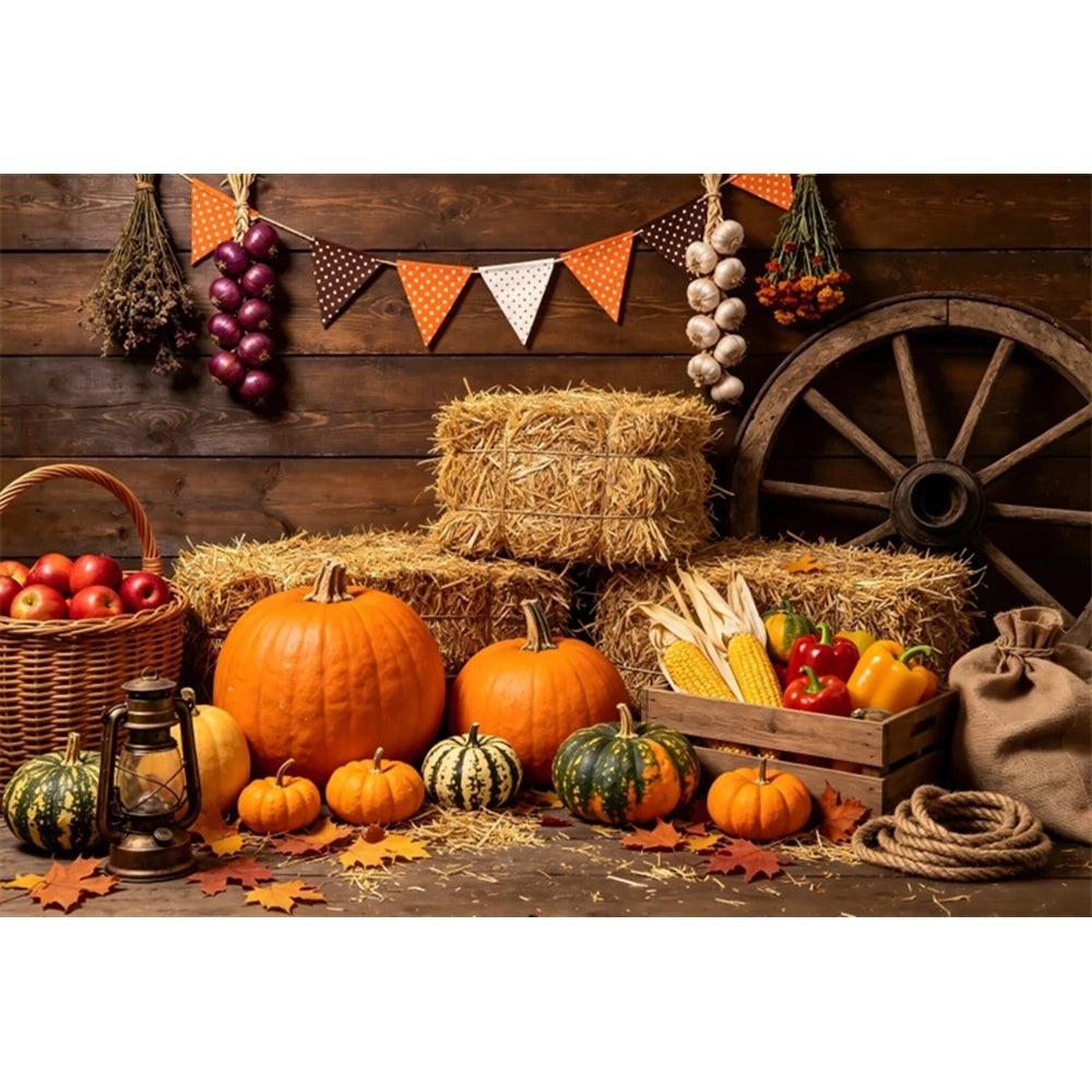 Autumn Scenery Photography Background Yellow Maple Leaves Pumpkin Large Banner Fall Harvest Thanksgiving Party Decor Backdrop