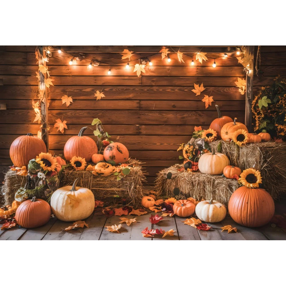 Autumn Photography Backdrop Grey Wooden Board Shining Pumpkin Sunflower 2026 Fall Thanksgiving Party Decoration Photo Background