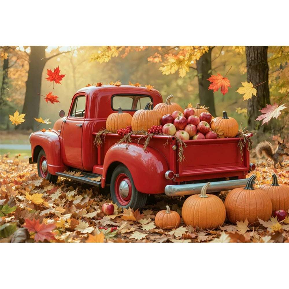 Autumn Truck Photography Background Fall Scenery Maple Leaves Pumpkin Adult Children Thanksgiving Day Party Decor Photo Backdrop