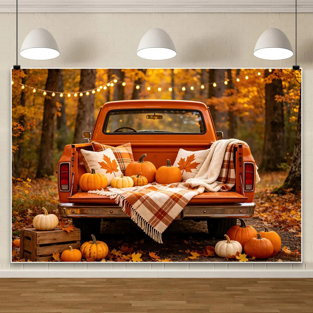 Autumn Scenery Photography Background Yellow Maple Leaves Pumpkin Large Banner Fall Harvest Thanksgiving Party Decor Backdrop