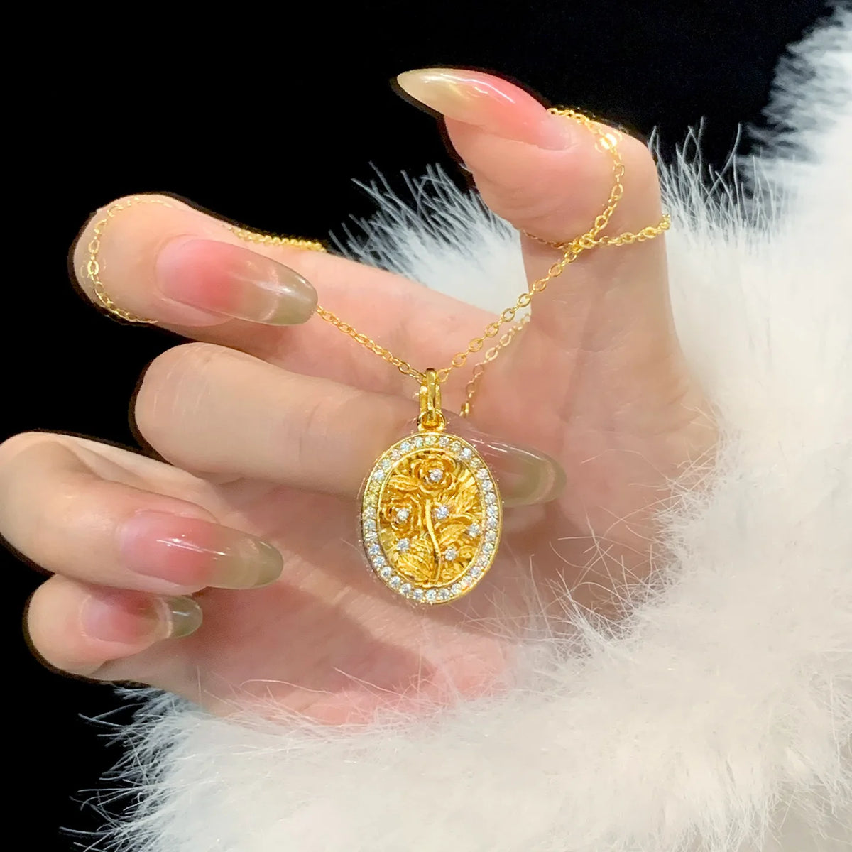 Luxury 24K 9999 Pure Gold real gold Women's Diamond Rose Pendant Necklace