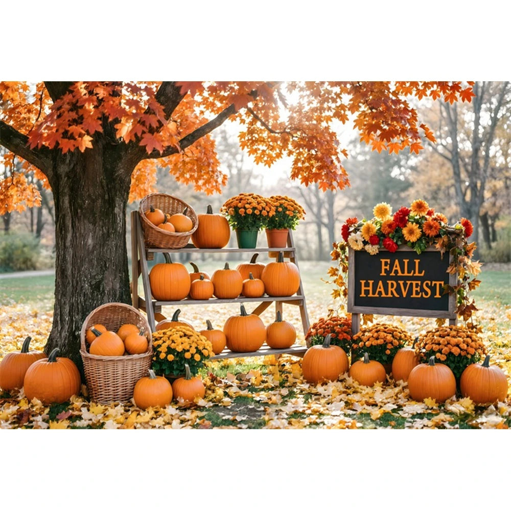 Autumn Scenery Photography Background Yellow Maple Leaves Pumpkin Large Banner Fall Harvest Thanksgiving Party Decor Backdrop
