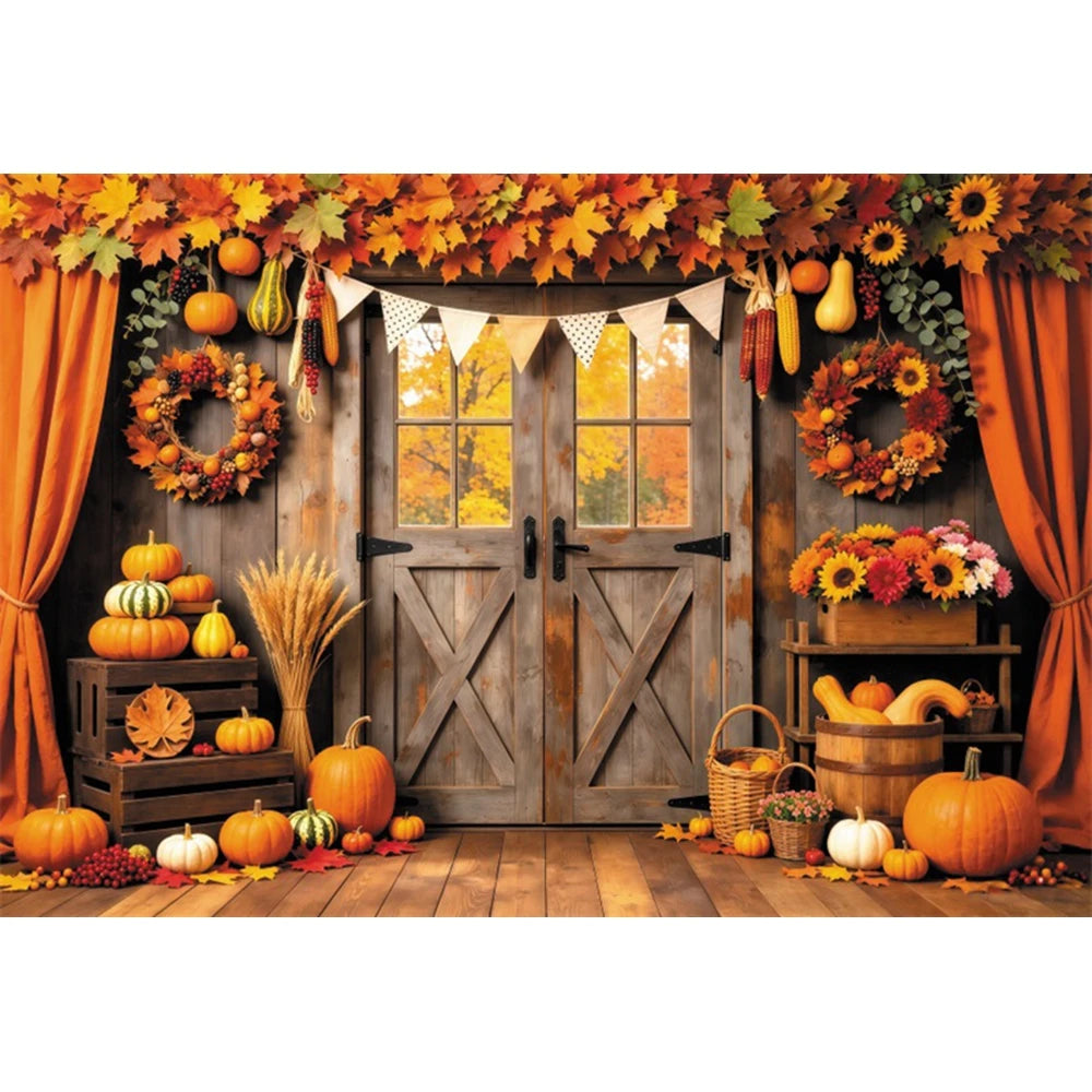 Autumn Scenery Photography Background Yellow Maple Leaves Pumpkin Large Banner Fall Harvest Thanksgiving Party Decor Backdrop