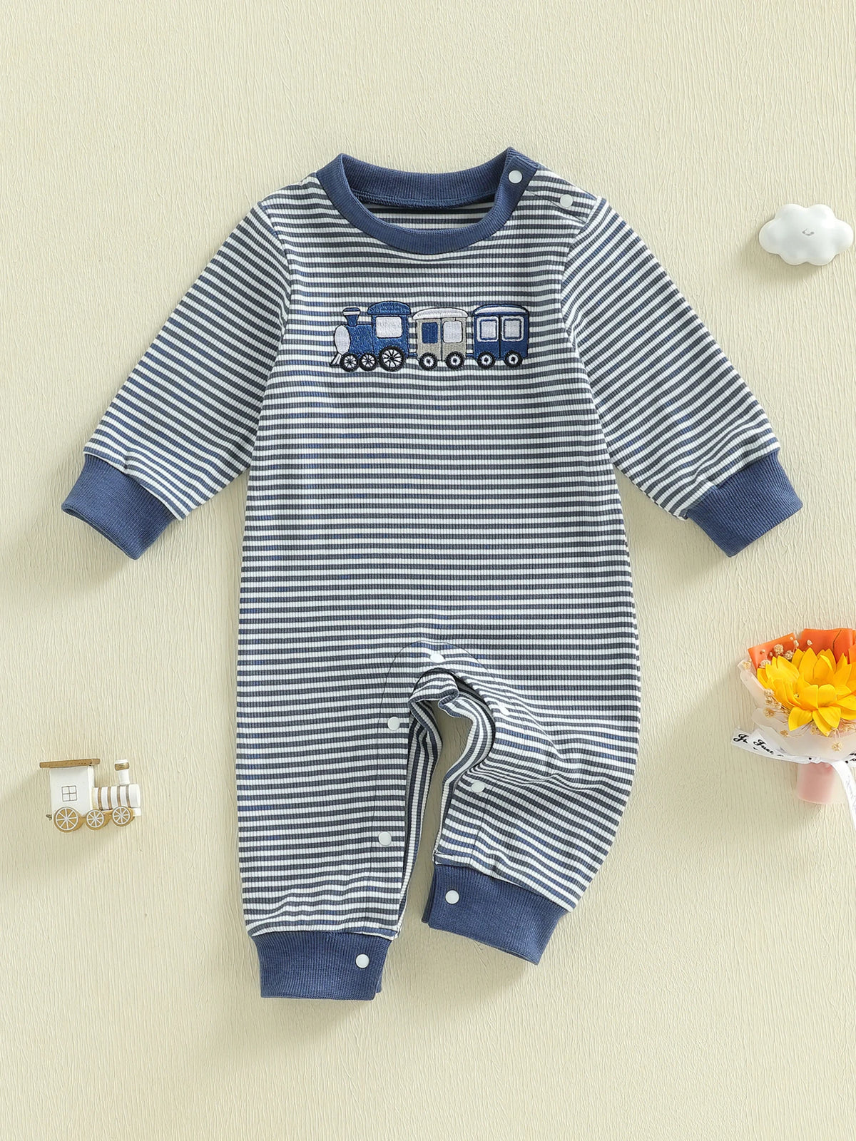 Toddler Boys Fall Striped Playsuit with Long Sleeves and Train Embroidery Comfortable Crewneck Loose Fit Romper