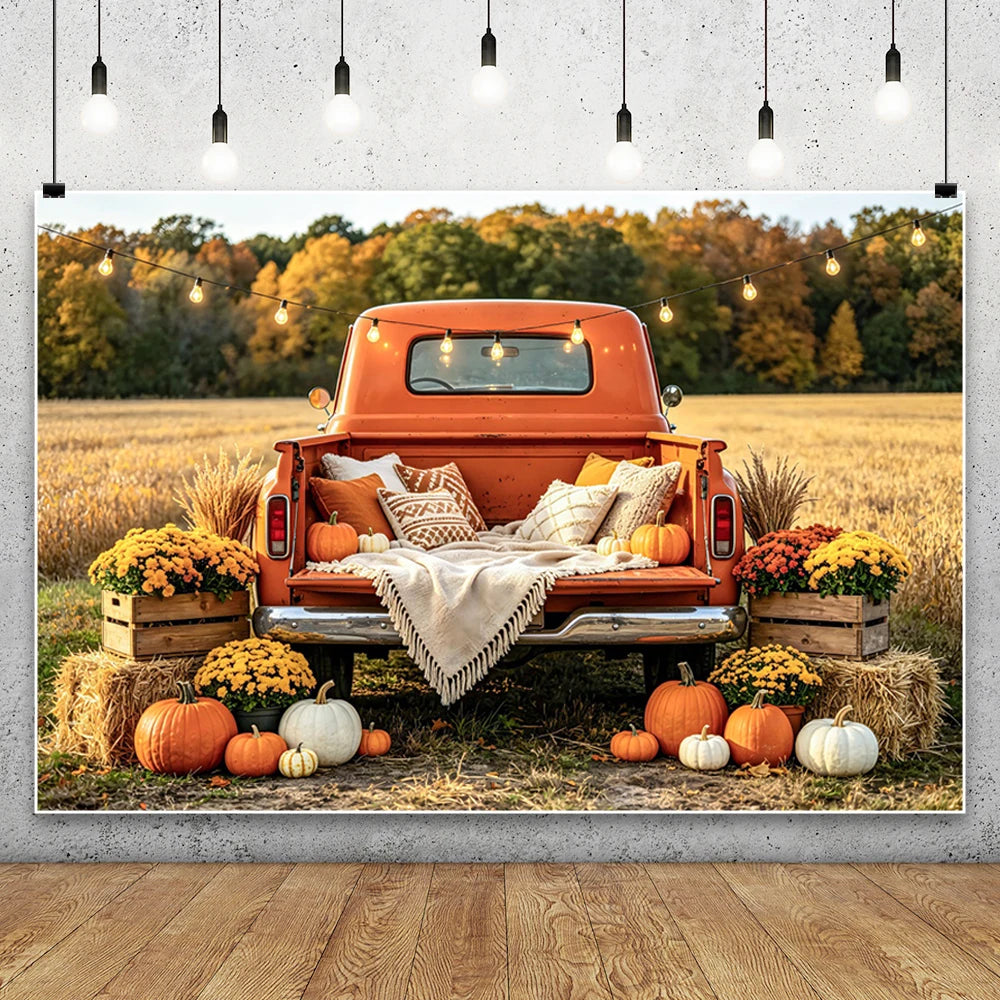 Autumn Truck Photography Background Fall Scenery Maple Leaves Pumpkin Adult Children Thanksgiving Day Party Decor Photo Backdrop