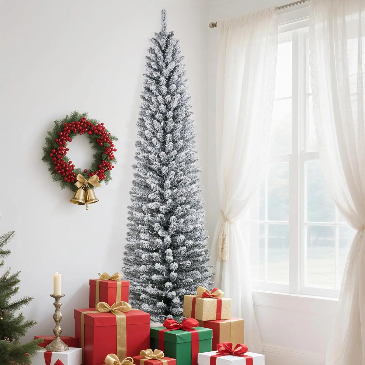 6/7.5/9Ft Flocked Pencil Christmas Tree with Lights, Slim Prelit Artificial Christmas Tree with Snowy Branch Tips, Metal Stand,