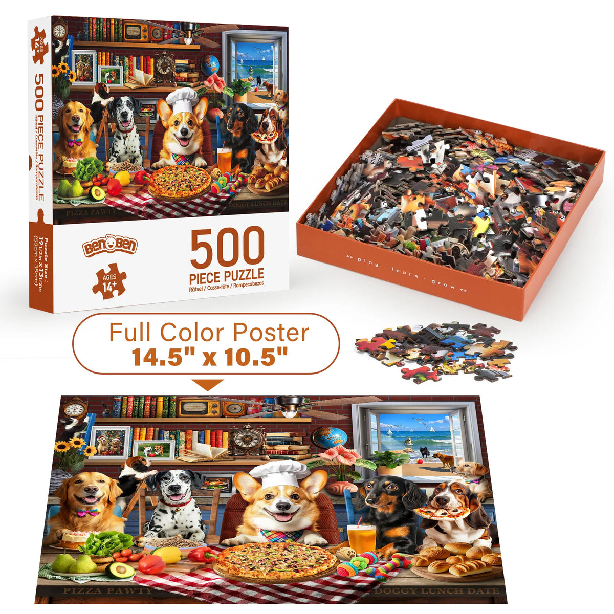 500 Piece Puzzles for Adults, Dogs' Dinner Party, Patterned Back Funny Dog Kitchen Jigsaw Puzzle, Dog Lovers Gift, Thick Cardboard Pieces, Snug Fit, Ideal for Family Game Nights Home Décor