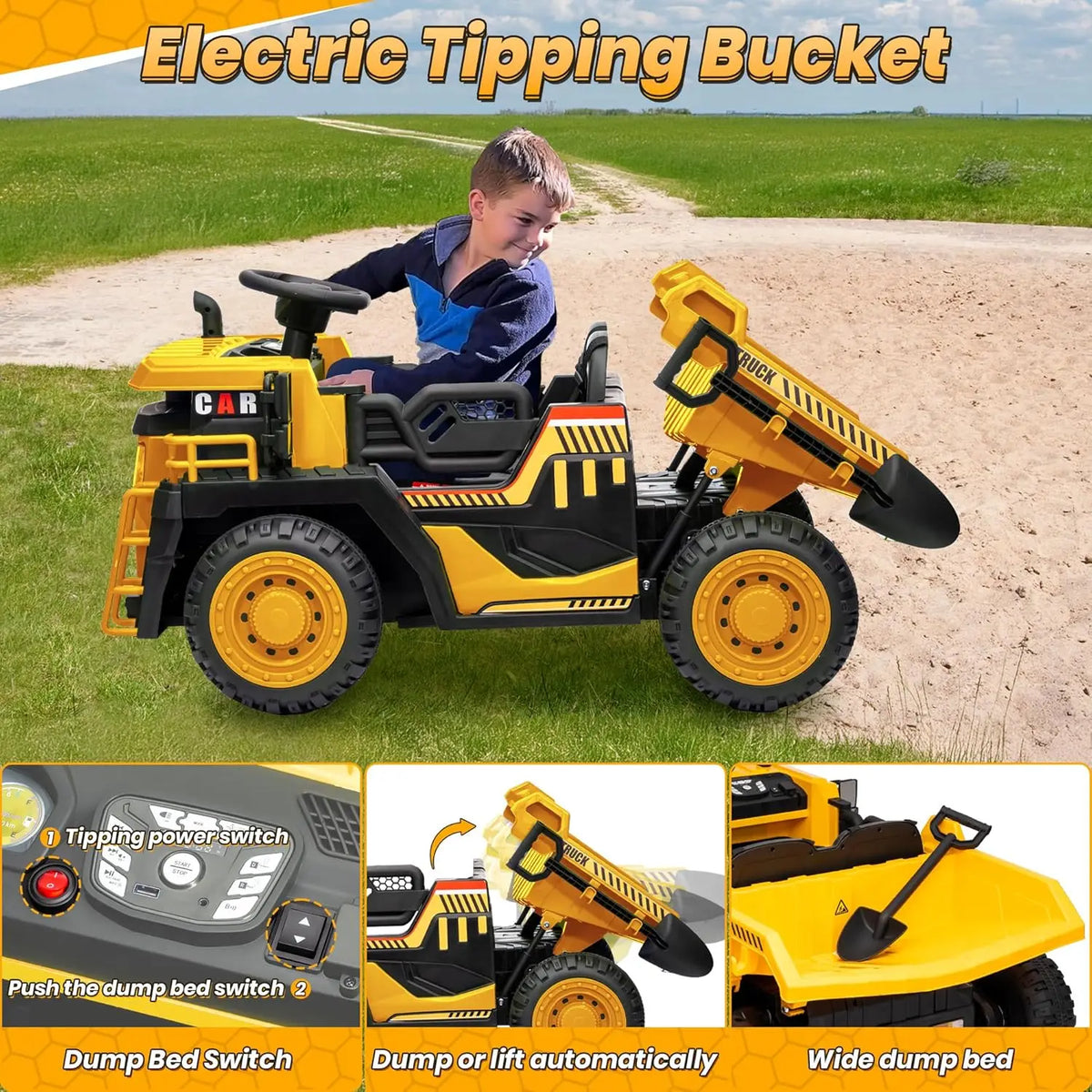 24V Ride on Toys with Remote Control, 2 Seater 400W Ride on Dump Truck, Electric Powered Ride on with Dump Bed, 3 Speeds, Shovel, Blue