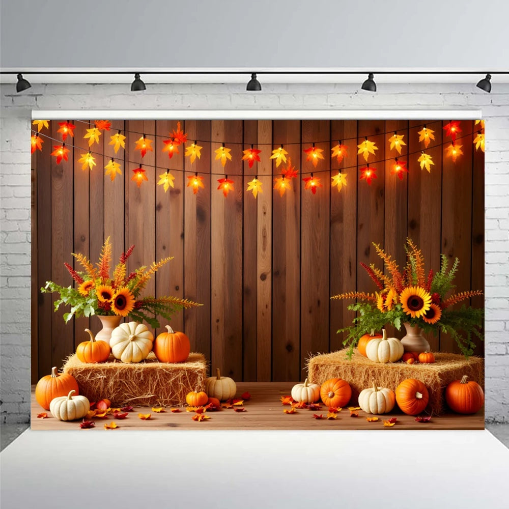 Autumn Photography Backdrop Grey Wooden Board Shining Pumpkin Sunflower 2026 Fall Thanksgiving Party Decoration Photo Background