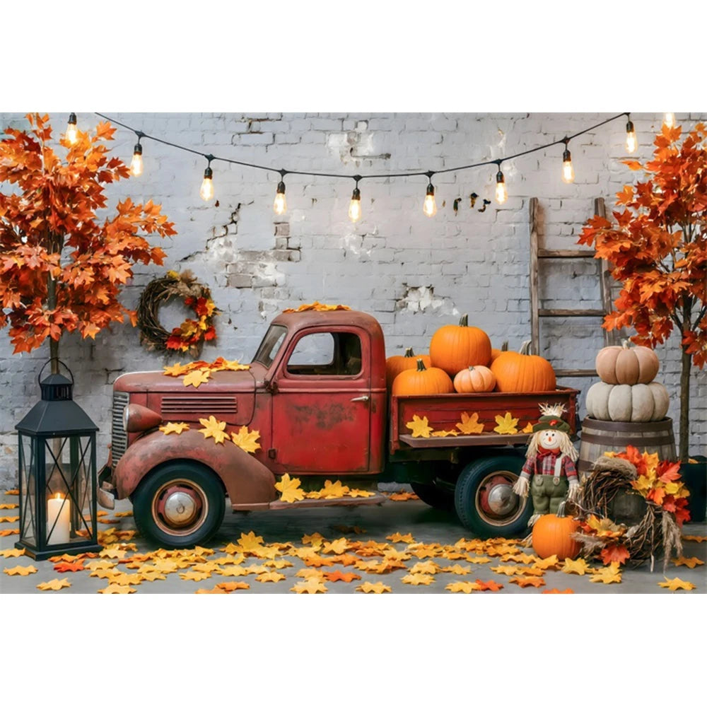 Autumn Truck Photography Background Fall Scenery Maple Leaves Pumpkin Adult Children Thanksgiving Day Party Decor Photo Backdrop