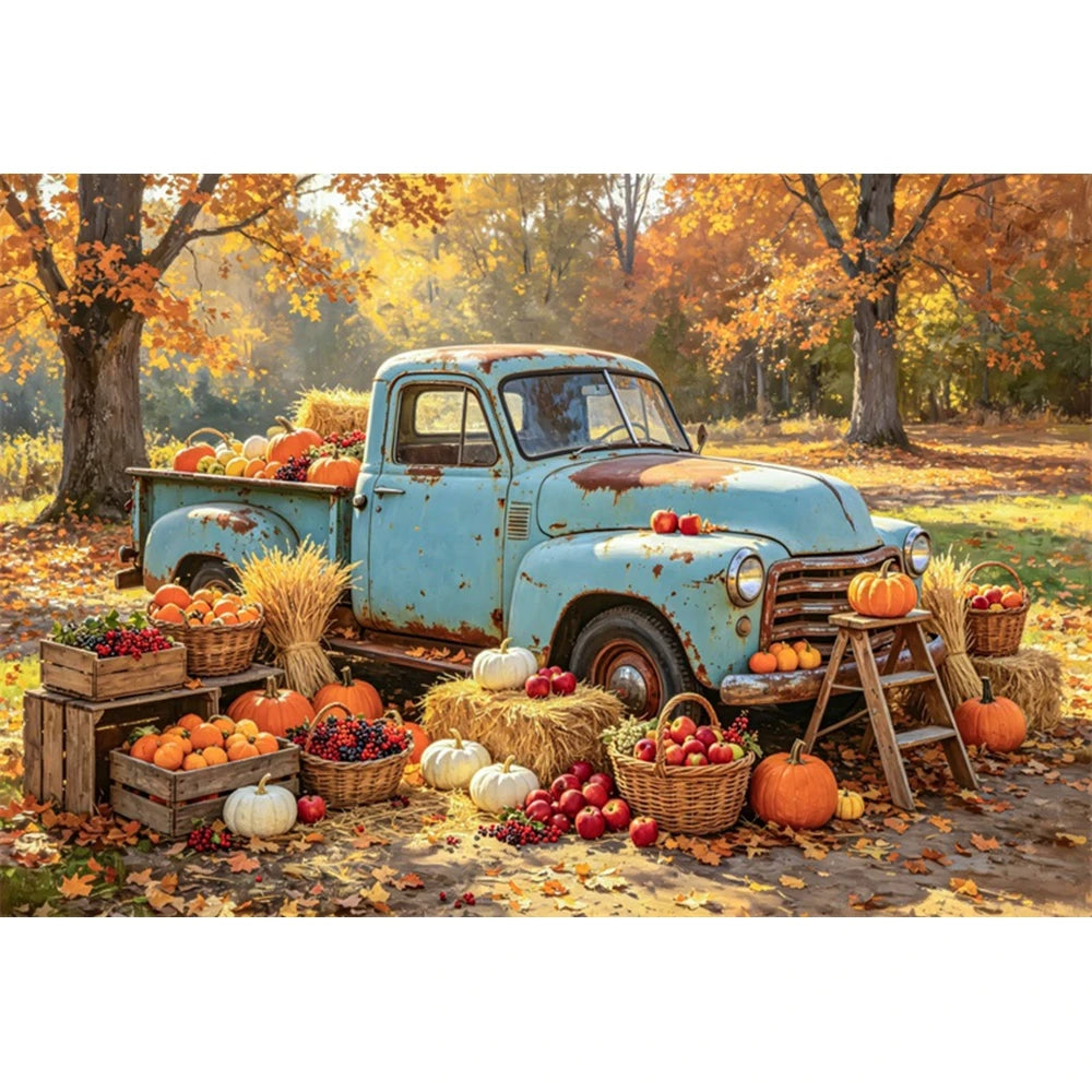 Autumn Truck Photography Background Fall Scenery Maple Leaves Pumpkin Adult Children Thanksgiving Day Party Decor Photo Backdrop