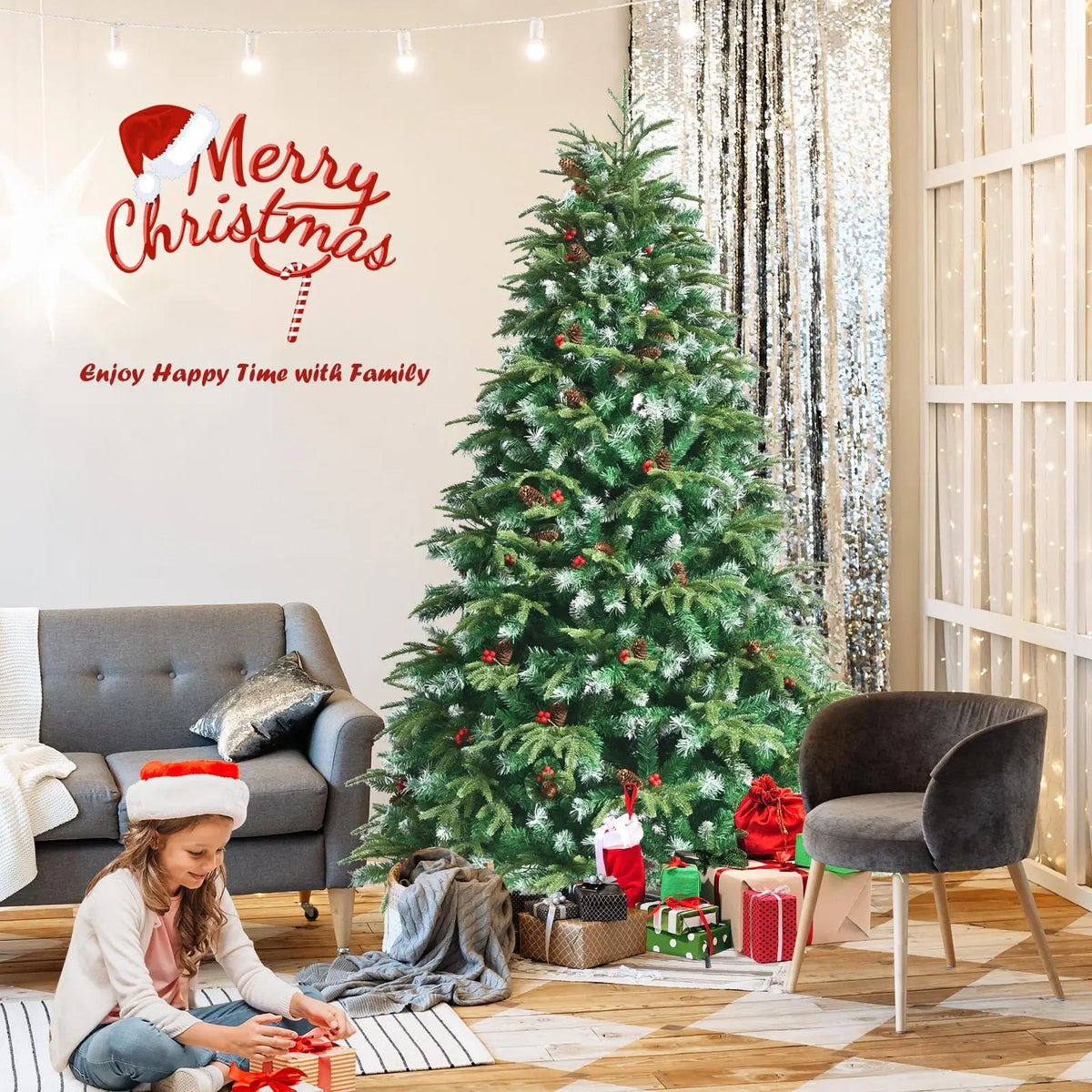 5/ 6/ 7/ 9FT Pre-Lit Artificial Christmas Tree, Realistic Snowy Xmas Tree Lush Hinged Pine Tree Modes for Celebration
